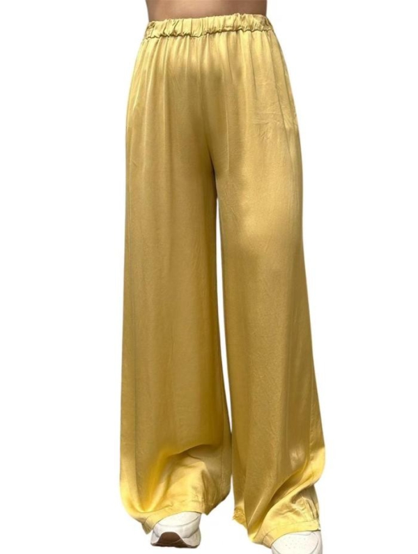 Lässige gelbe Viskose-Hose mit weitem Bein, Taschen und Gummizug
