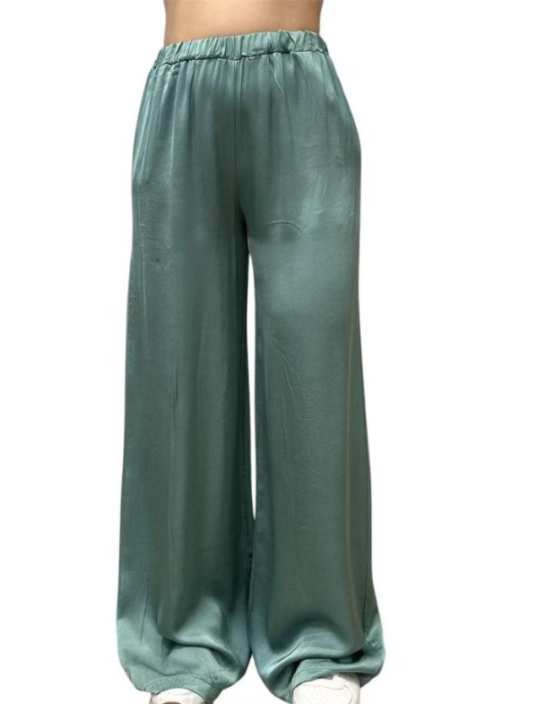 Lässige grüne Viskose-Hose mit weitem Bein, Taschen und Gummizug