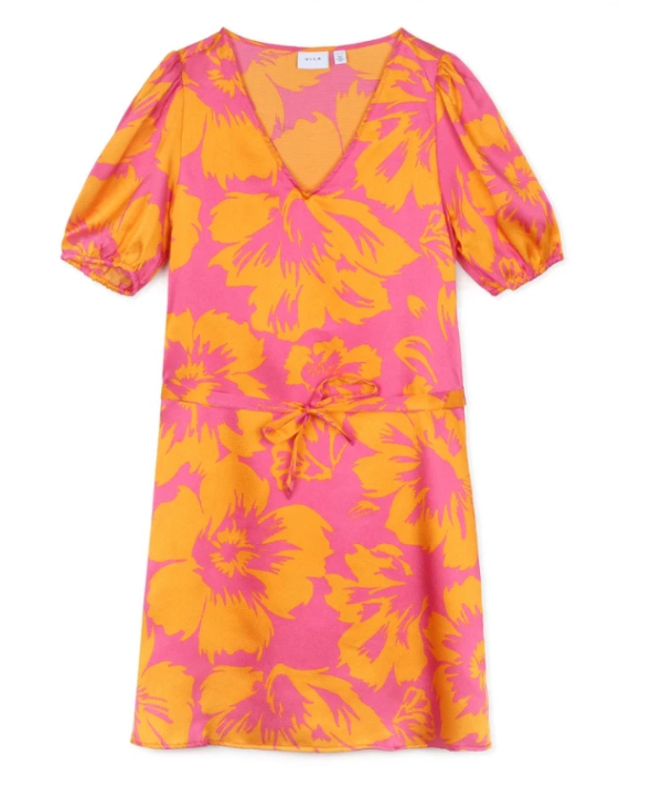 Vila Damen Sommerkleid – Kurzarm, V-Ausschnitt, Florales Muster in Orange & Pink