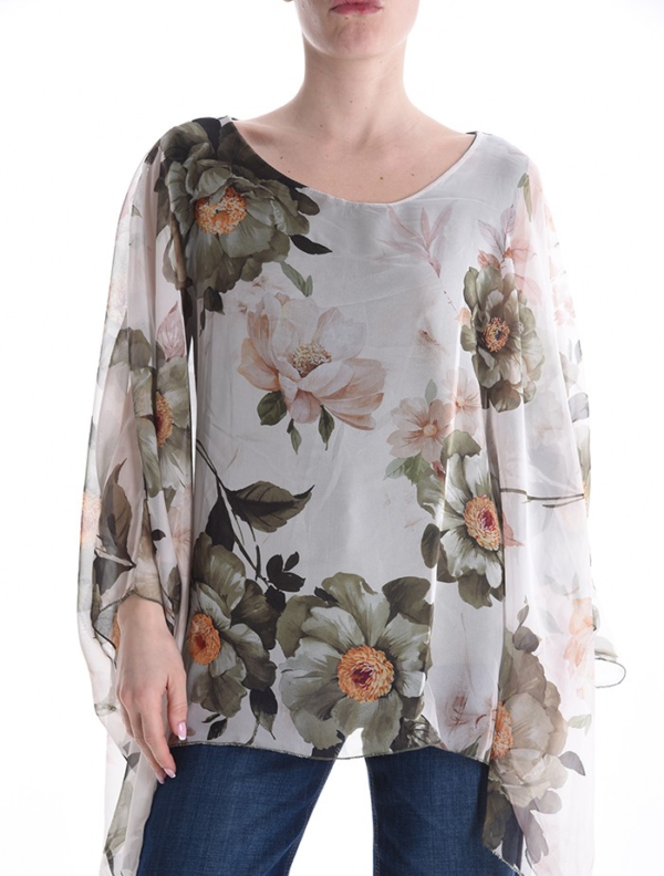 Feminine Chiffon-Tunika mit Floralprint & asymmetrischem Design
