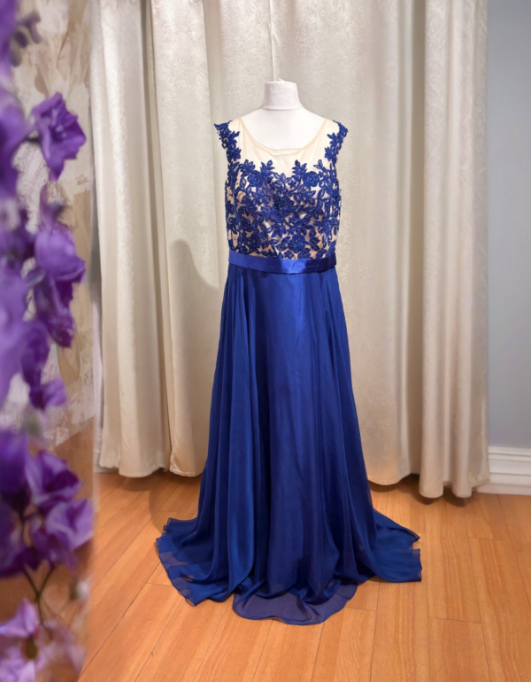 Festliches Damenkleid in Royalblau mit floraler Spitze und Chiffon Gr. 46