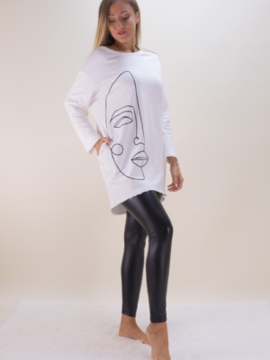 Langarm-Shirt mit Gesicht-Print Baumwolle / Weiß