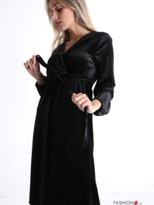 Kleid V-Ausschnitt mit Riemen Samt - Schwarz