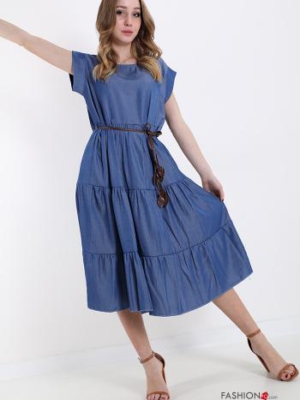 Denimkleid mit Gürtel mit Volants - Hellblau-
