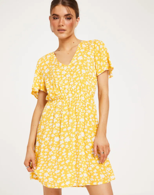 VILA Damen Sommerkleid Gelb Weiß Blumenmuster Kurzarm V-Ausschnitt