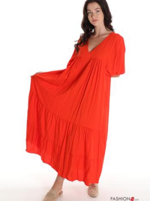 Kleid mit V-Ausschnitt & Volants - Orange