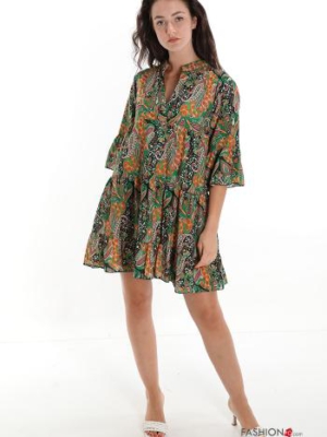 Kleid mit Volants & V-Ausschnitt Jacquard-Muster - Grün
