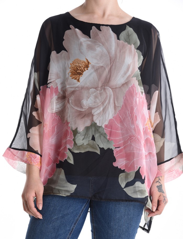 Sommerliche lagenlook Bluse mit Volantärmeln & Blumen-Design