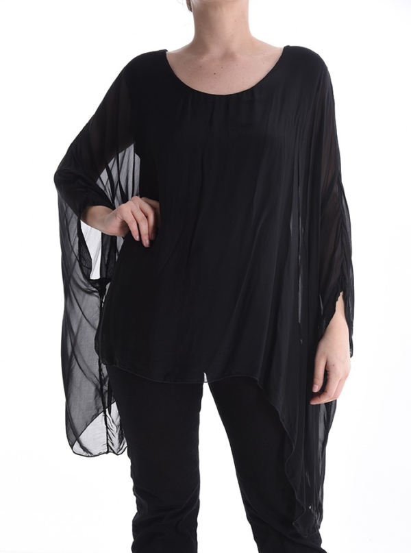 Edle Seidenbluse mit Volantärmeln und asymmetrischem Design - Schwarz
