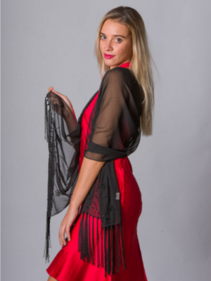 Georgette Schal in Schwarz mit Pailletten und Fransen