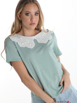 Italy T-shirt aus Baumwolle mit Lochstickerei-Kragen - Türkisgrün