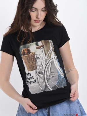 Italy T-Shirt aus Baumwolle mit Hund und Fahrrad- Print