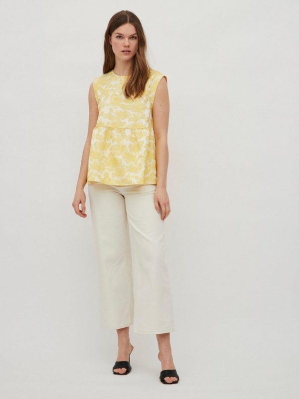 Ärmelloses Damen Top mit Blumenmuster & Volants Gelb-Weiß