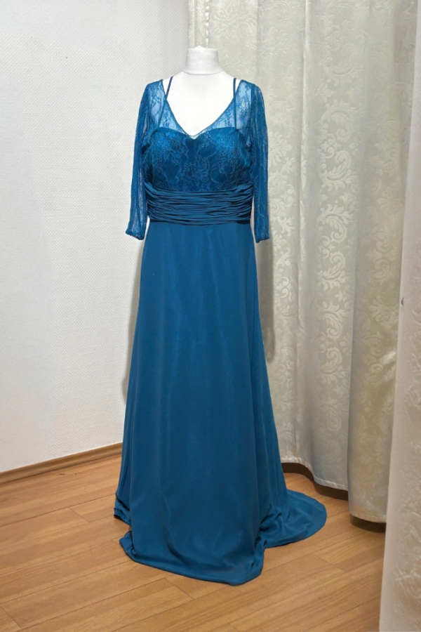 Elegantes maxi Abendkleid Petrol mit 3/4-Spitzenärmeln – Größe 48