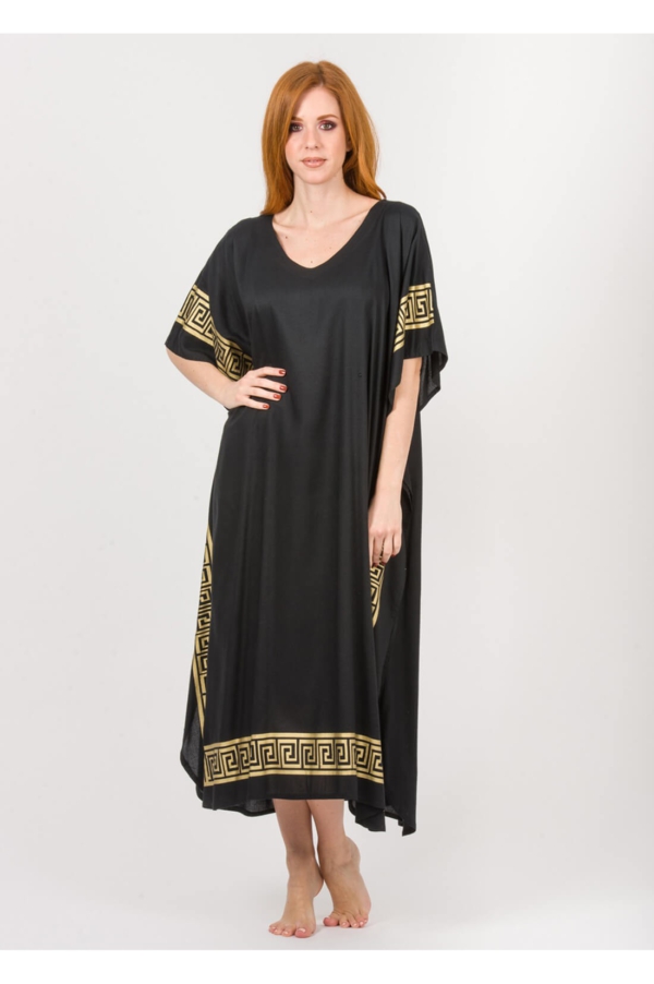 Schwarzer Kaftan aus Viskose mit Mäander Muster – Elegantes Maxikleid
