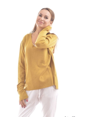 Feinstrickpulli von Via Milano mit V-Ausschnitt Senfgelb