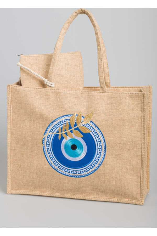 Jutetasche mit Reißverschluss – Besticktes Auge & Goldener Olivenzweig – Inklusive passendem Täschchen