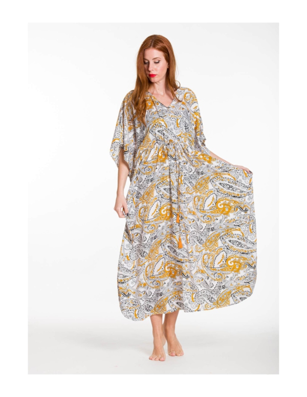 Langes Kaftan-Kleid aus Kunstseide mit Tunnelzug – Eleganter Damen Sommerlook