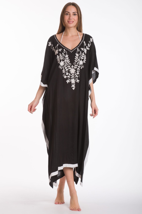 Viskose-Kaftan mit Stickerei – Luftiges Sommerkleid im Boho-Stil -Schwarz