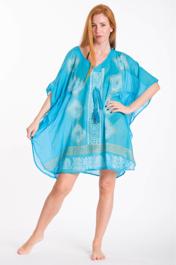 Kurzes Baumwoll-Kaftan mit Mäandermuster – Leichtes Damen Strandkleid