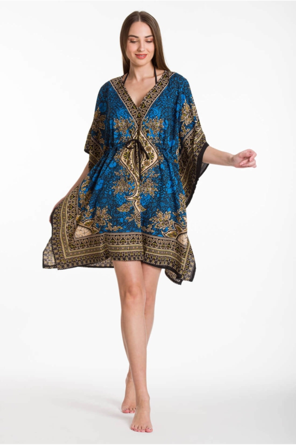 Kurzes Kaftan-Kleid mit Tunnelzug und Ornamentenprint – Damen Sommer Strandmode