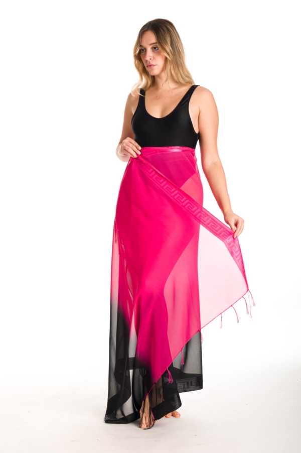 Halbtransparenter Pareo Pink-Schwarz mit Fransen & Mäanderprint-Vielseitiges Accessoire