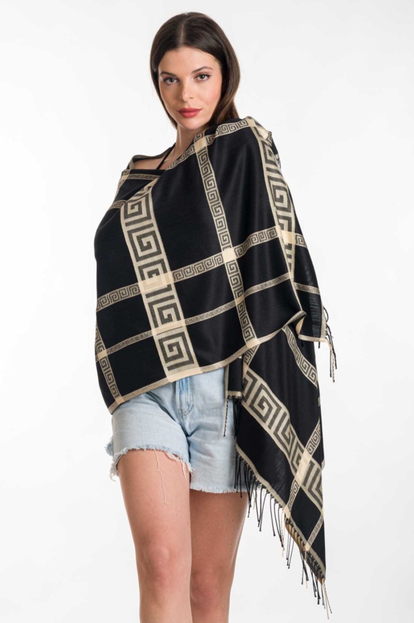 Pashmina Tuch aus Viskose mit Mäander-Muster – Zeitlos & stilvoll  Schwarz/Gold