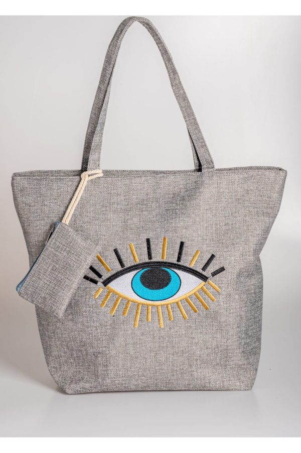 Jutetasche in Grau mit Reißverschluss – Besticktes Auge & Goldener Olivenzweig – Inklusive passendem Täschchen (Kopie)