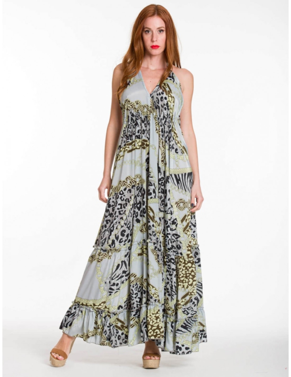 Maxikleid mit Animal Print – ärmellos, V-Ausschnitt, Art Silk, One Size bis XXL